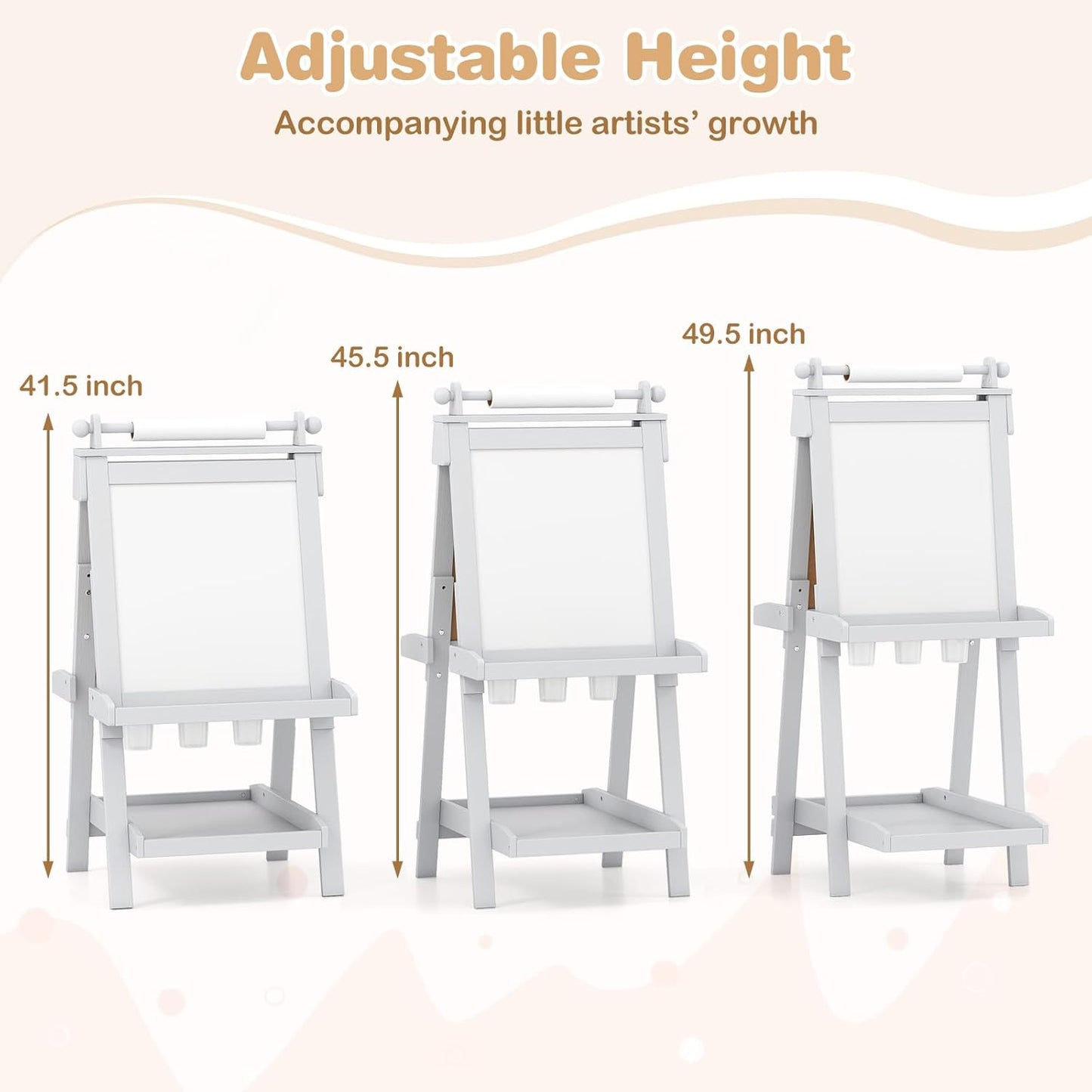 OLAKIDS Easel for Kids, 3 in 1 Adjustable Painting Art Board, Foldable Double-Sided Wooden Drawing Chalkboard Magnetic Whiteboard with Paper Roll, Storage Rack, Cups for Boy Girls