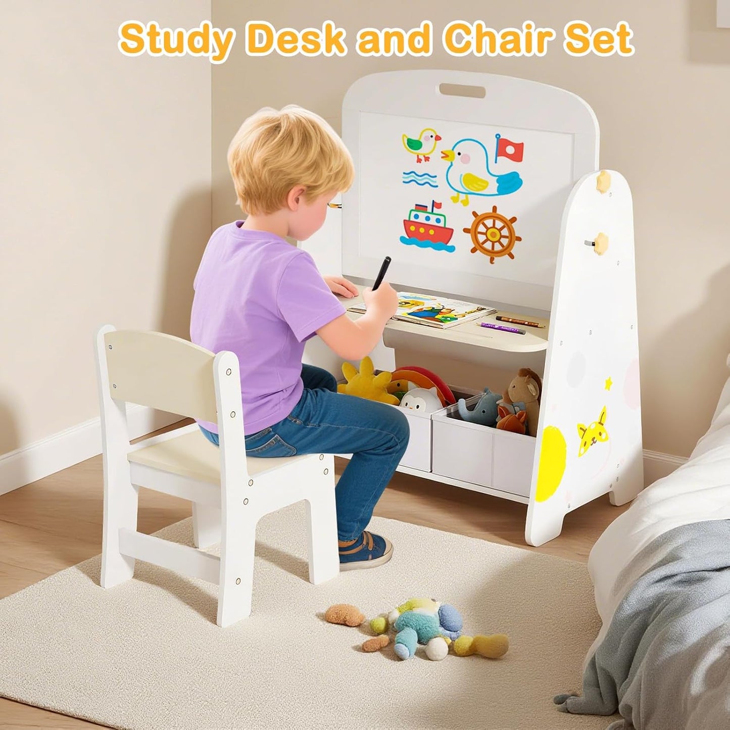 OLAKIDS Easel for Kids with Chair, 4 in 1 Double-Sided Adjustable Magnetic Chalkboard & Whiteboard with Bookshelves, Storage Bins, Wooden Standing Painting Drawing Art Board for Boys Girls