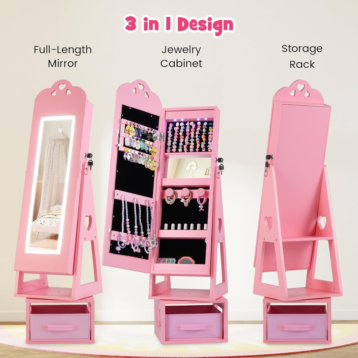 OLAKIDS Kids Jewelry Armoire Cabinet, 360° Swivel Lockable Standing Makeup Organizer with Interior Lights, Rotatable Full-Length LED Vanity Mirror with Foldable Fabric Drawer for Girls