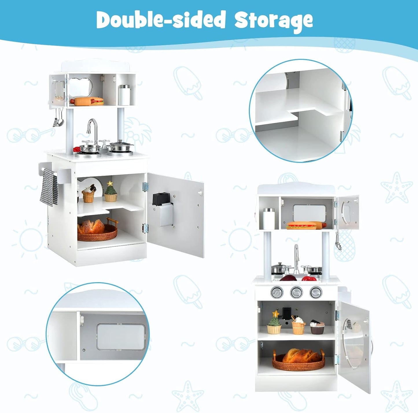 OLAKIDS 2 in 1 Kids Play Kitchen and Restaurant, Double Sided Toddler Wooden Pretend Cooking Set with Stove Sink Microwave Storage Cabinet, Simulation Kitchen Toy Set for Boys Girls