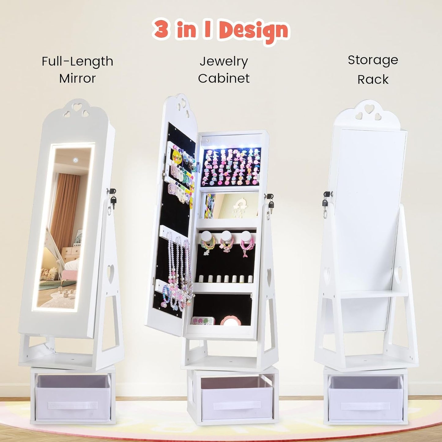 OLAKIDS Kids Jewelry Armoire Cabinet, 360° Swivel Lockable Standing Makeup Organizer with Interior Lights, Rotatable Full-Length LED Vanity Mirror with Foldable Fabric Drawer for Girls