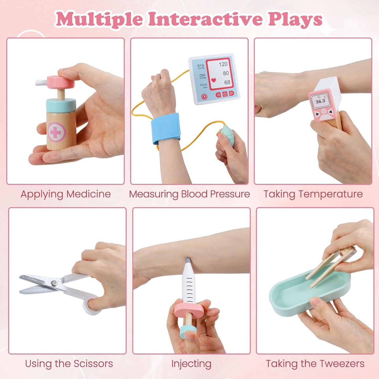 OLAKIDS Kids Doctor Playset, Wooden Pretend Medical Station Activity Center Toy Set with 26 Interactive Veterinarian Accessories, Nurse Uniform X-Ray Film Stethoscope ECG Monitor for Toddler