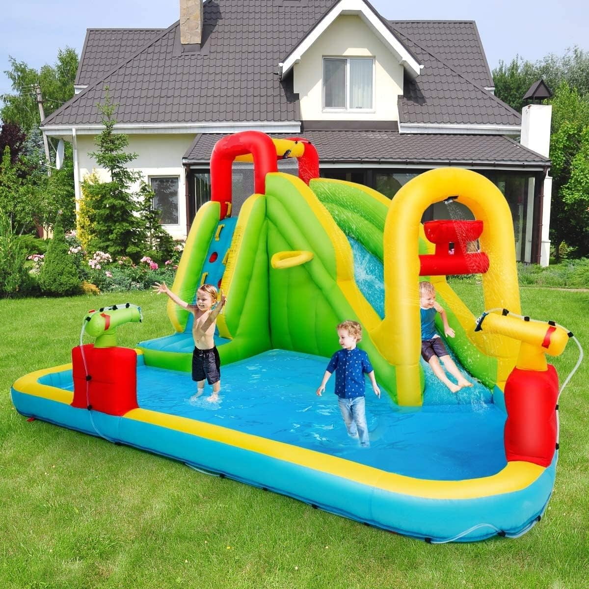 OLAKIDS Inflatable Water Slide, 7 in 1 Bounce House with 2 Slides, Climbing Wall, Splash Pool, Basketball Rim, 2 Water Guns, Outdoor Water Park with Carrying Bag, Hose