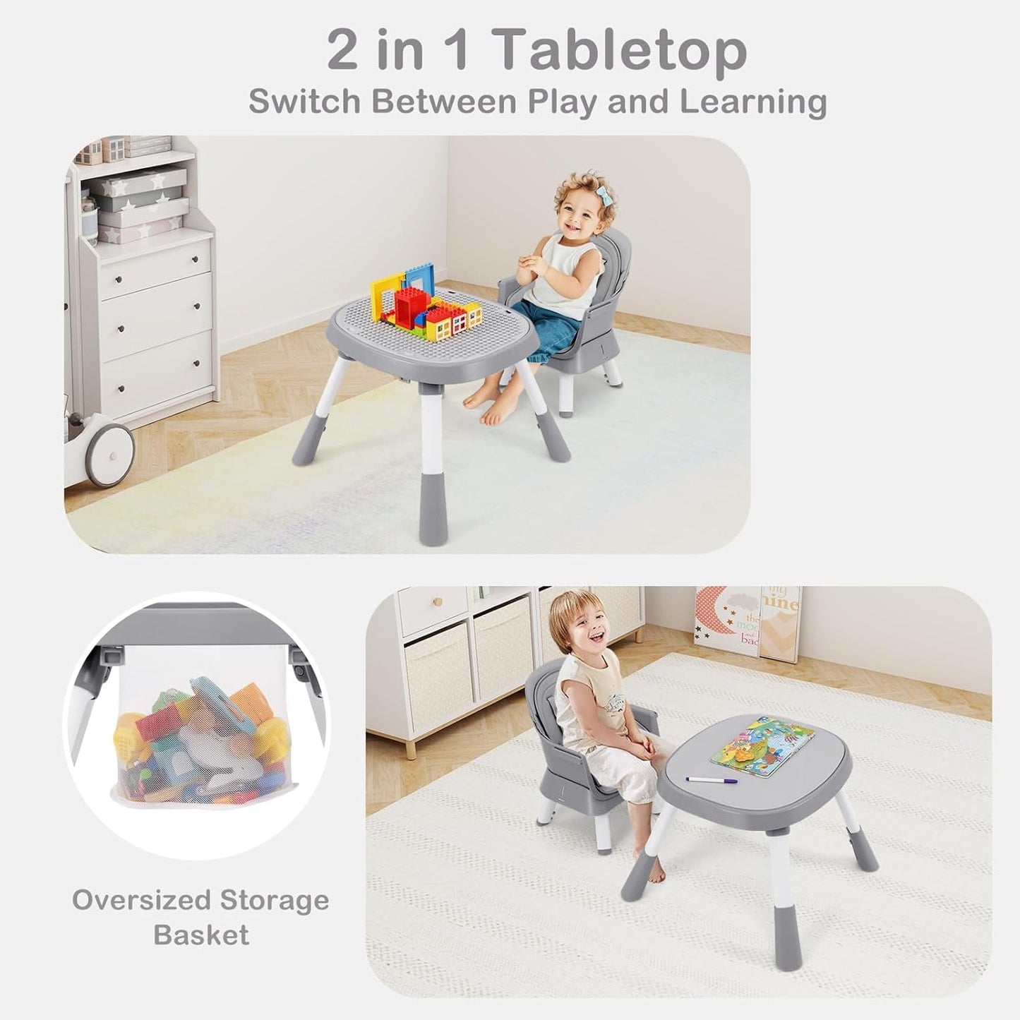 INFANS 9 in 1 High Chair, Convertible Baby Highchair for Babies and Toddlers, Table and Chair Set Building Block Infant Dining Booster Seat, Kids Stool with Activity Children Play Kitchen