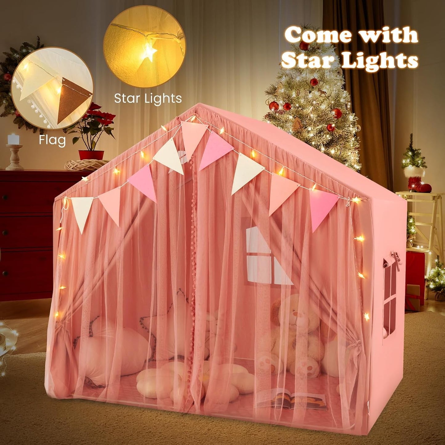 OLAKIDS Kids Play Tent, Large Size Playhouse with Washable Cotton Mat Star Light Windows Plaid Pennants, 57.5” x 38” x 52.5”, Indoor Outdoor Princess Tents Castle for Toddlers Age 3+ Years Old