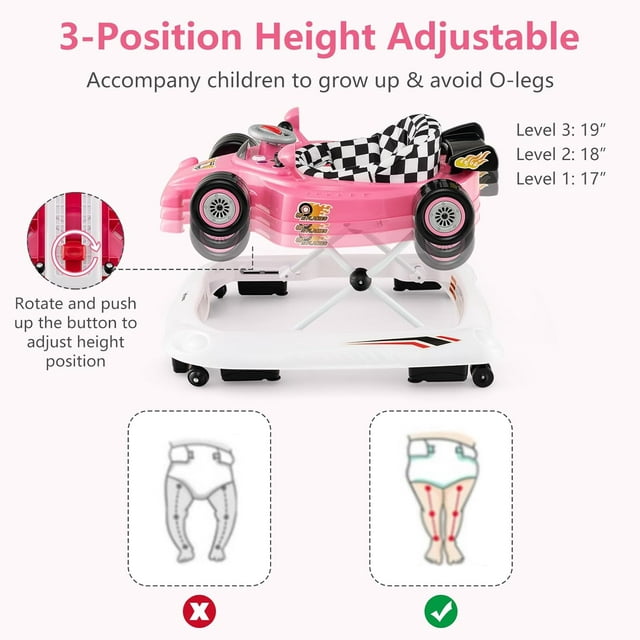 INFANS Foldable Baby Walker, Toddler Activity Center Leaning-Seated Walk-Behind with Steering Wheel, Adjustable Height, Lights, Music, Washable Seat Cushion
