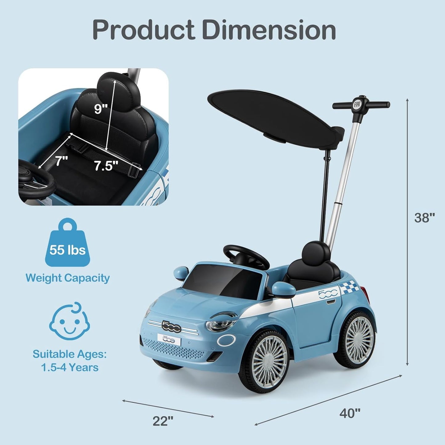 Licensed Fiat 500 Ride on Push Car by OLAKIDS, 3 in 1 Baby Stroller Sliding Walking Car with Retractable Footrest, Parent Control Handle, Horn, Foot-to-Floor Toys for Kids Toddlers 18 Month+