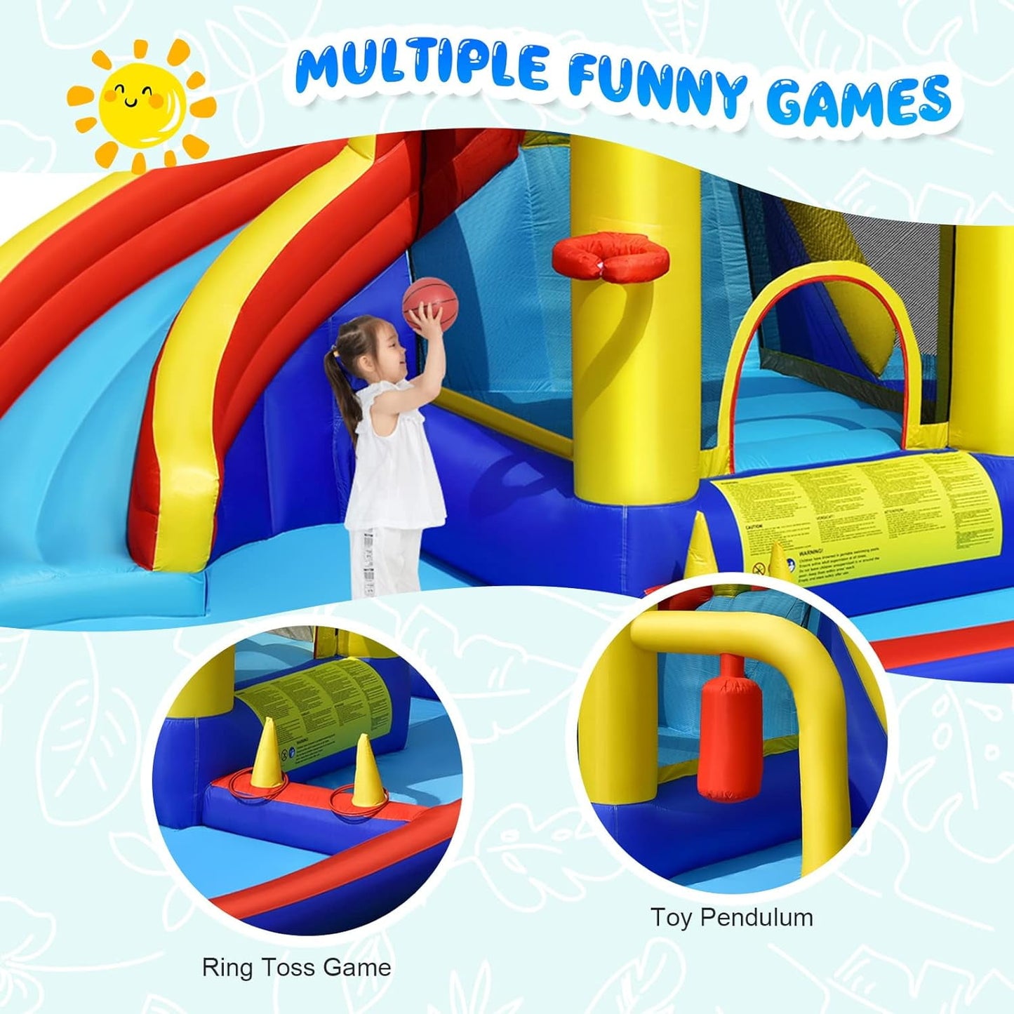 OLAKIDS Inflatable Water Slide, 8 in 1 Bounce House Water Park with Slide Splash Pool Climbing Wall Basketball Hoop Ring Toss, Outdoor Inflatable Obstacle Course for Kids Backyard