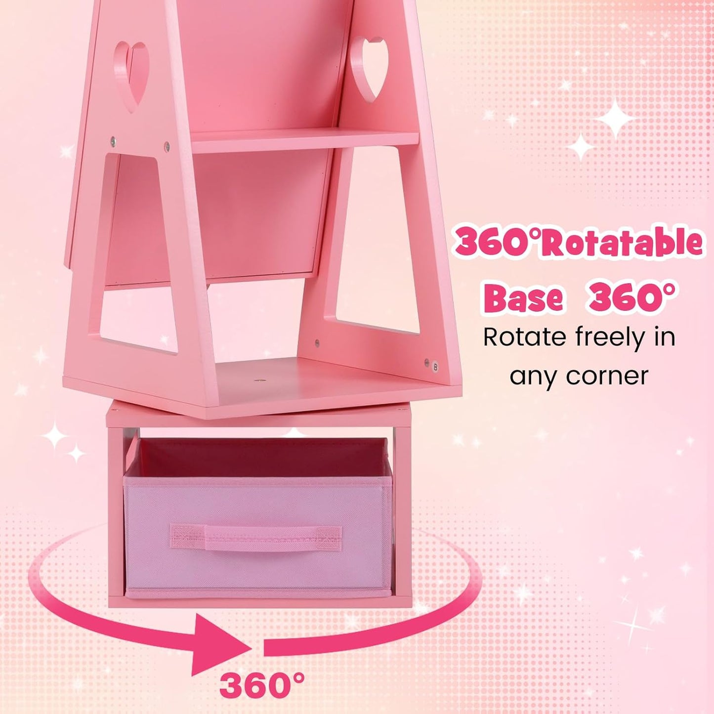 OLAKIDS Kids Jewelry Armoire Cabinet, 360° Swivel Lockable Standing Makeup Organizer with Interior Lights, Rotatable Full-Length LED Vanity Mirror with Foldable Fabric Drawer for Girls