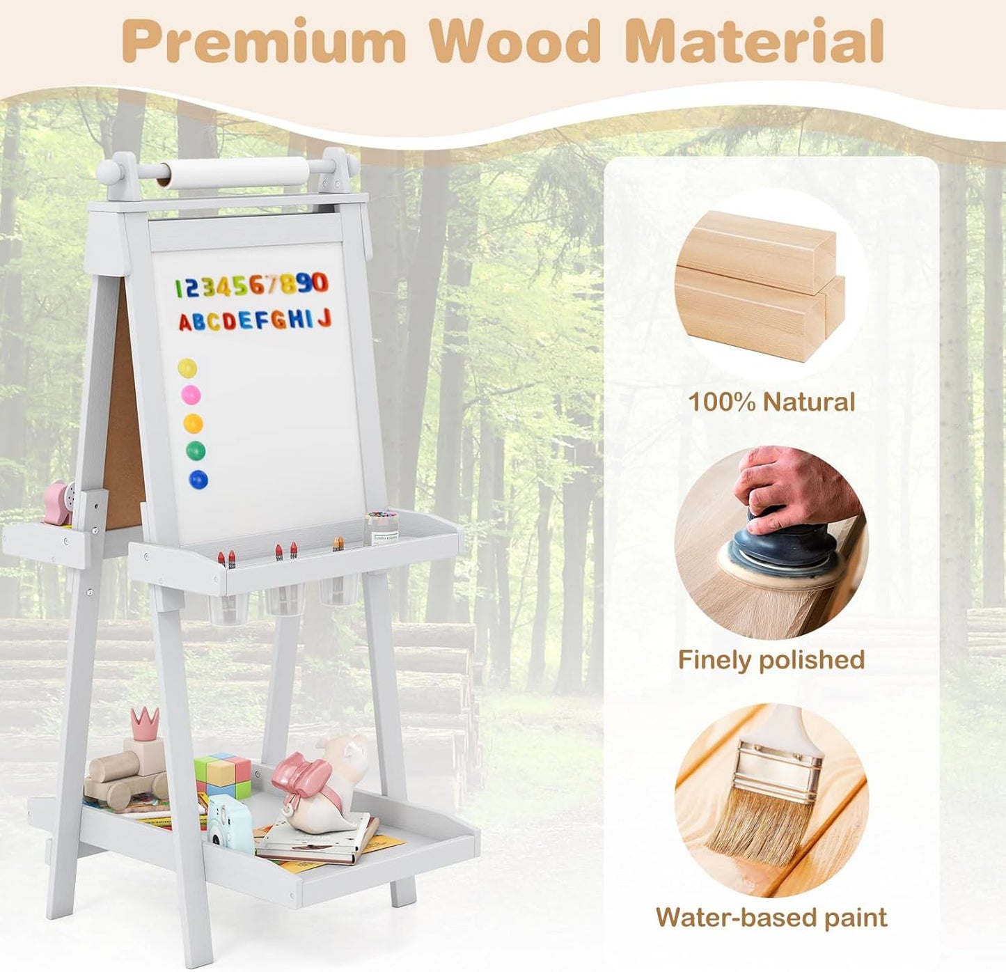 OLAKIDS Easel for Kids, 3 in 1 Adjustable Painting Art Board, Foldable Double-Sided Wooden Drawing Chalkboard Magnetic Whiteboard with Paper Roll, Storage Rack, Cups for Boy Girls