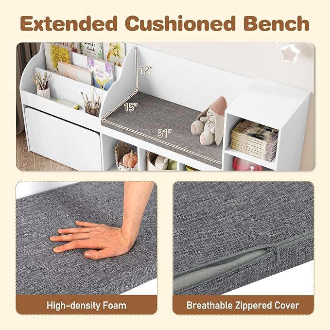 OLAKIDS Kids Bookshelf Toy Storage Organizer with Reading Nook Seat Cushion