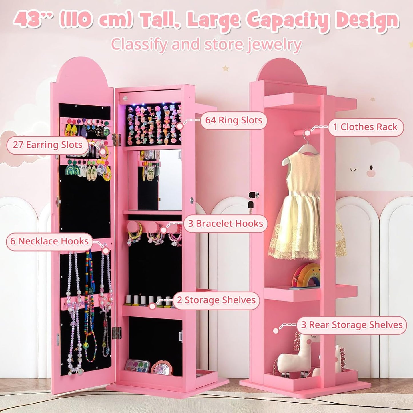 OLAKIDS Kids Jewelry Armoire Cabinet, 360° Swivel Lockable Standing Makeup Organizer with Interior Lights, Rotatable Full-Length LED Vanity Mirror with Foldable Fabric Drawer for Girls