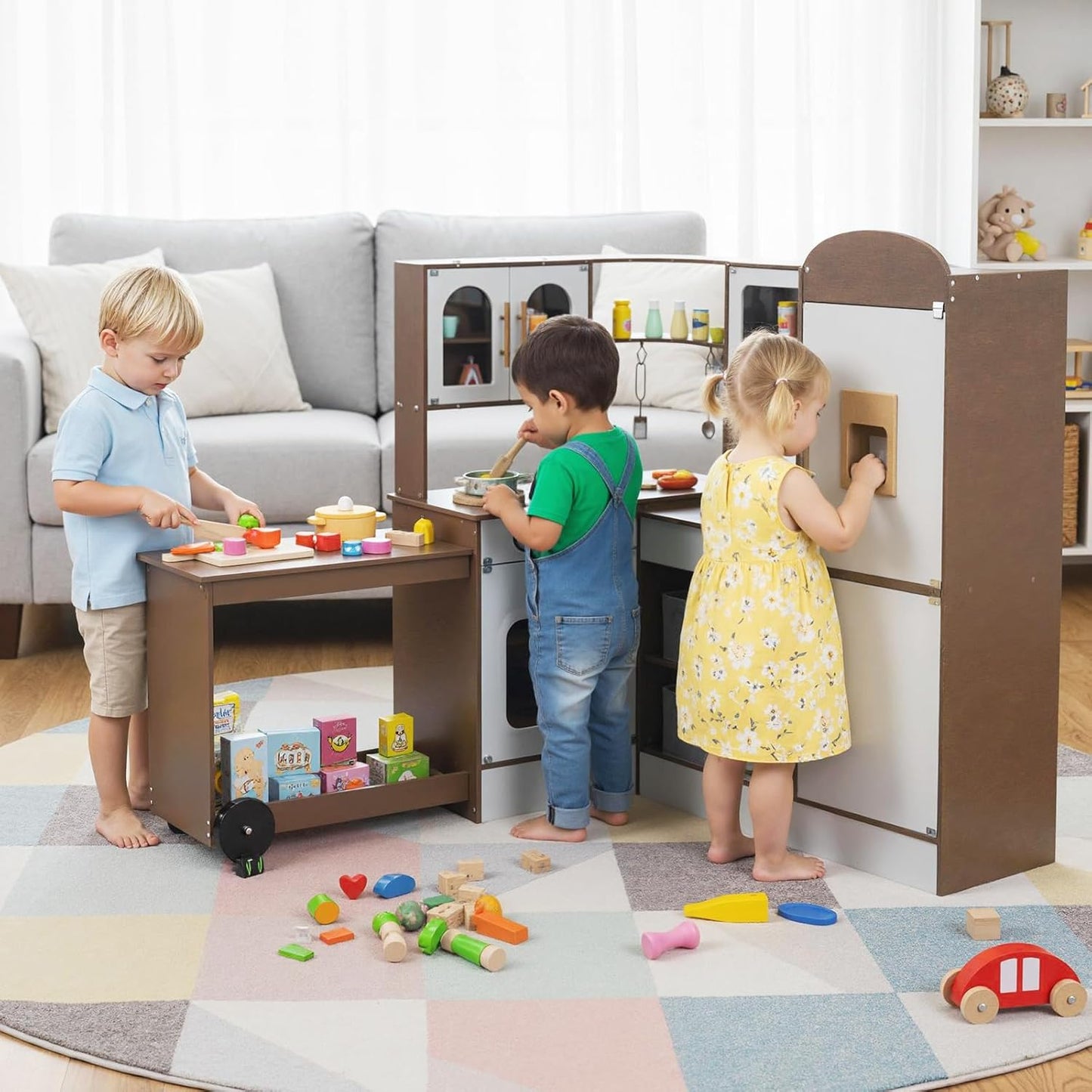 OLAKIDS Corner Kids Kitchen, Wooden Pretend Playset with Telescopic Cart Realistic Lights Sounds Ice Maker Fabric Drawers Microwave Oven, Toddler Cooking Toy Gift for Boys Girls Aged 3+