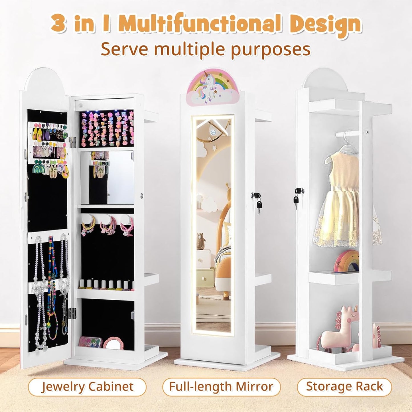 OLAKIDS Kids Jewelry Armoire Cabinet, 360° Swivel Lockable Standing Makeup Organizer with Interior Lights, Rotatable Full-Length LED Vanity Mirror with Foldable Fabric Drawer for Girls