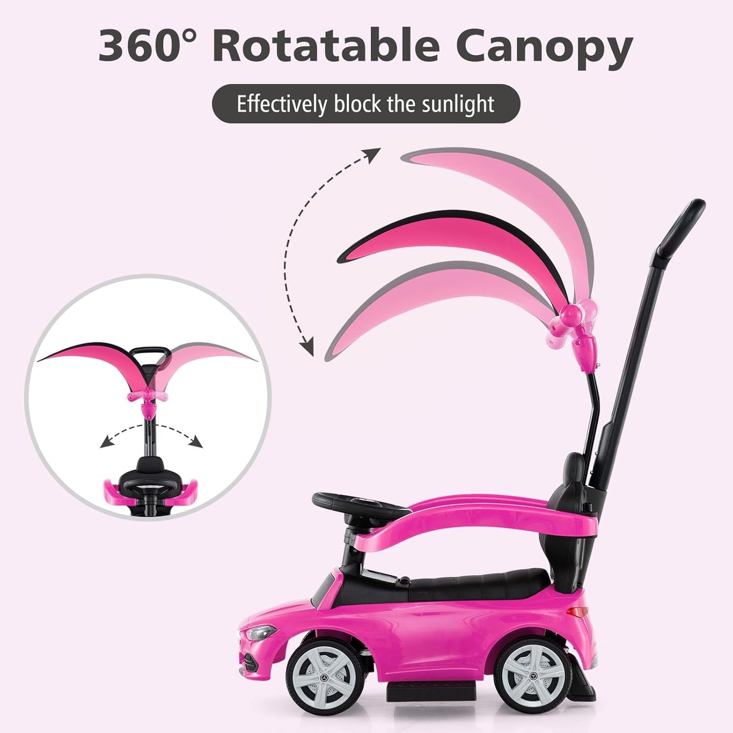 Licensed Mercedes Benz Push Car for Toddlers by OLAKIDS, 3 in 1 Baby Stroller Sliding Walking Car with Canopy, Parent Control Handle, Horn, Storage, Foot-to-Floor Ride on Toys for Boys Girls