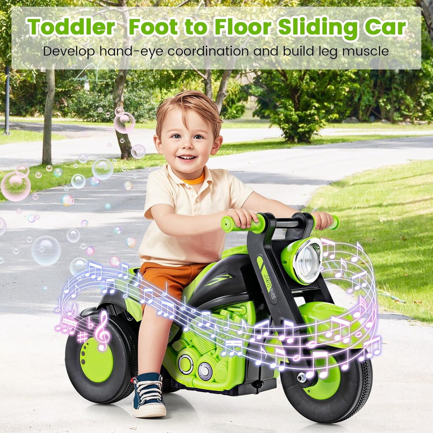 OLAKIDS Ride on Push Car, Foot-to-Floor Sliding Car for Toddlers Kids Motorcycle with Bubble Maker, Music, 3 Wheels Ride on Toys Gift for Boys Girls Aged 3-5 Years
