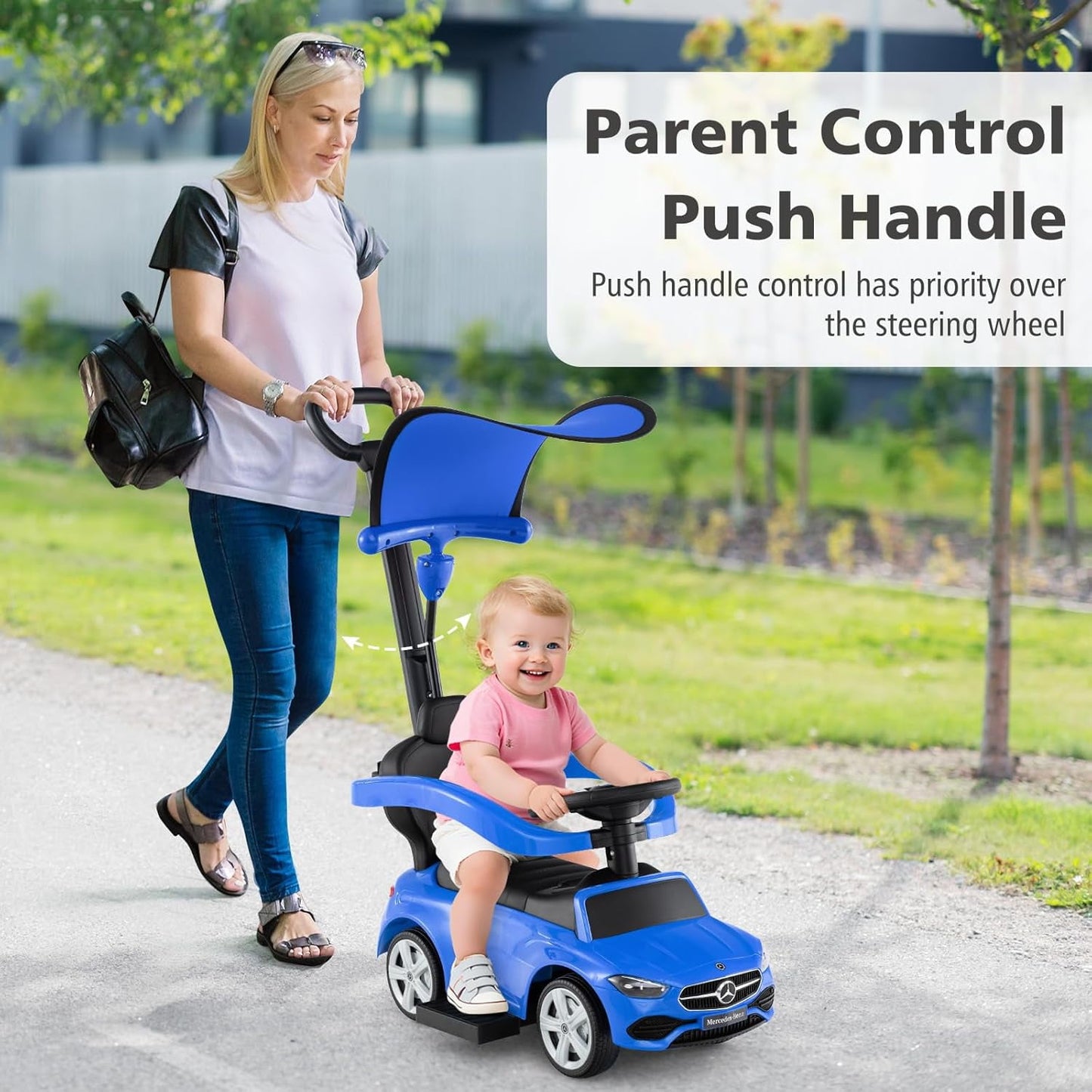 Licensed Mercedes Benz Push Car for Toddlers by OLAKIDS, 3 in 1 Baby Stroller Sliding Walking Car with Canopy, Parent Control Handle, Horn, Storage, Foot-to-Floor Ride on Toys for Boys Girls