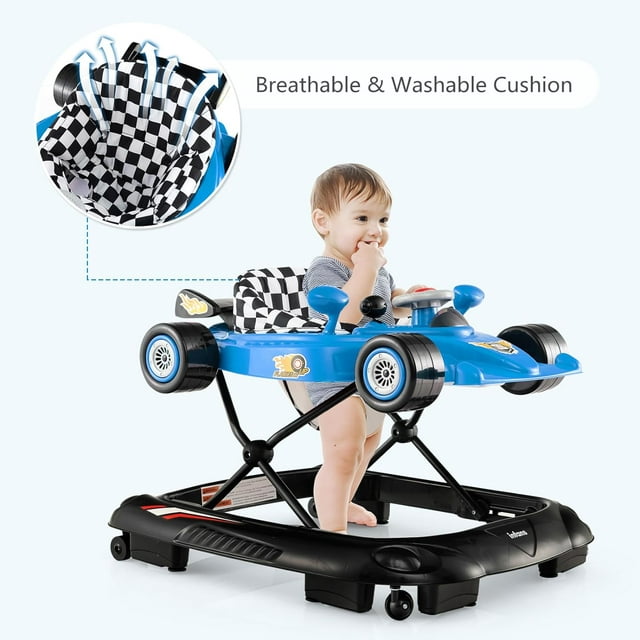 INFANS Foldable Baby Walker, Toddler Activity Center Leaning-Seated Walk-Behind with Steering Wheel, Adjustable Height, Lights, Music, Washable Seat Cushion