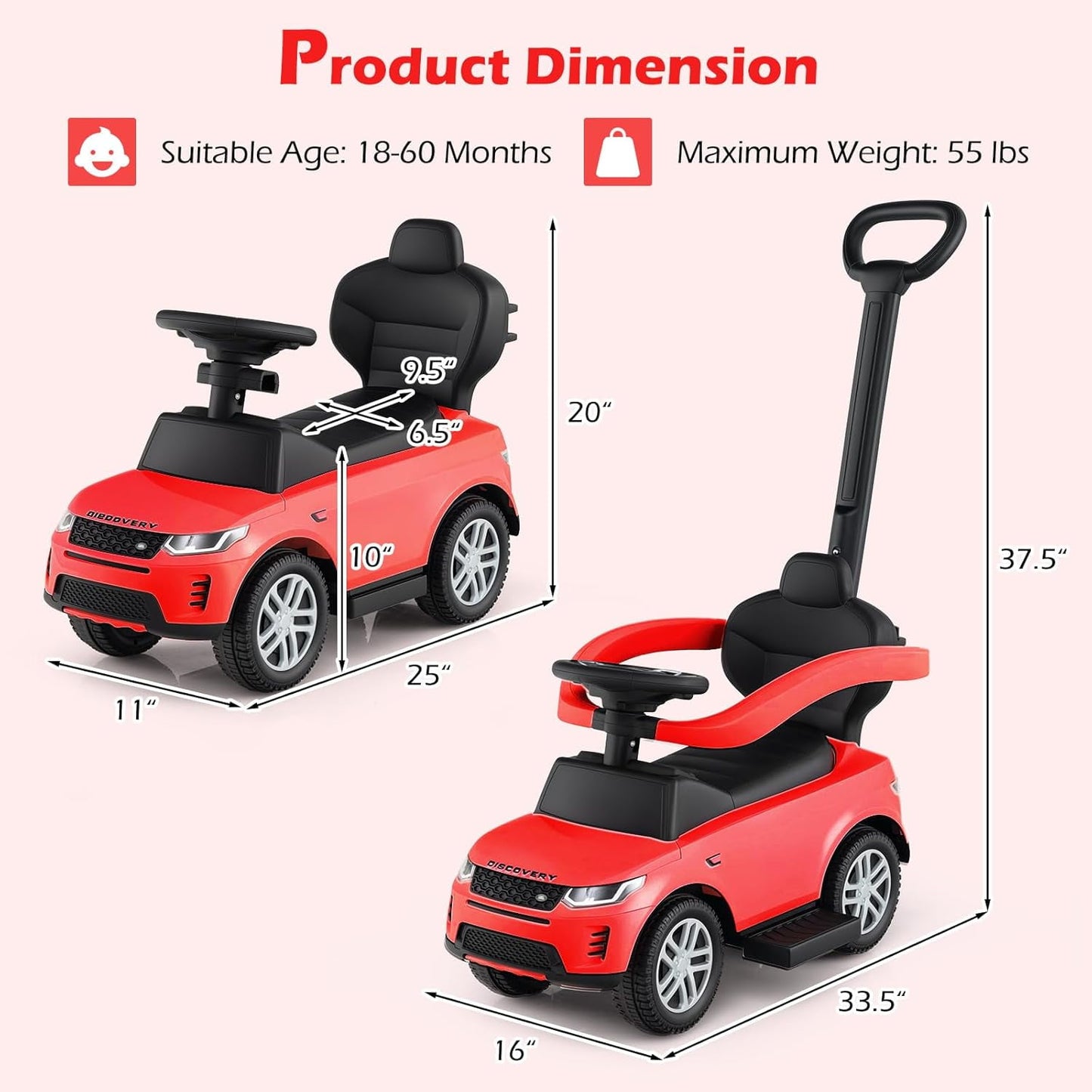 Licensed Land Rover Push Car for Toddlers by OLAKIDS, 3 in 1 Baby Stroller Sliding Walking Car with Parent Control Handle, Horn, Storage, Foot-to-Floor Ride on Toys for Boys Girls