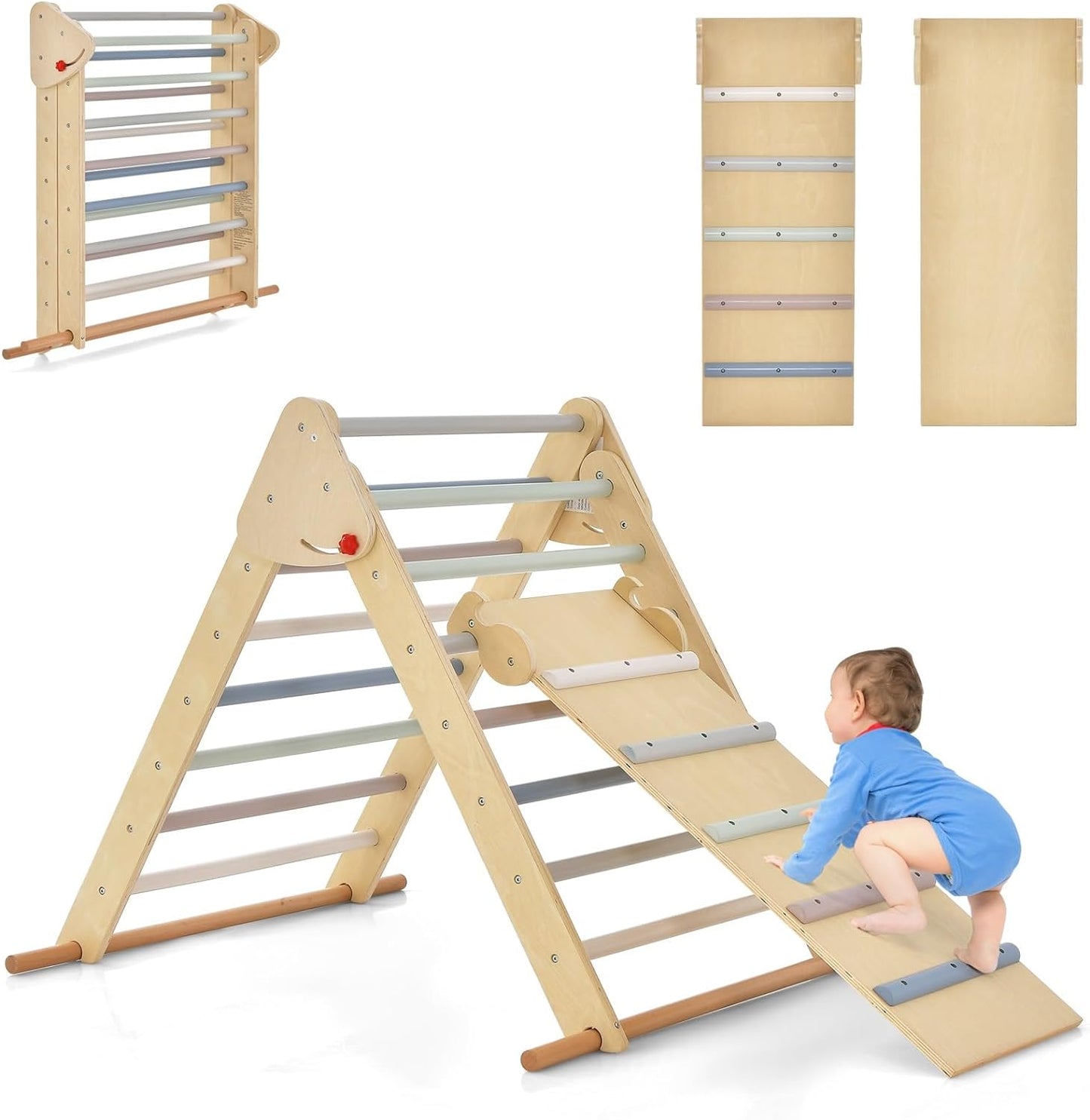 OLAKIDS Climbing Toys for Toddlers, 3 in 1 Foldable Kids Wood Montessori Pikler Climber Ladder with Ramp, Slide for Gym Playground, Baby Indoor Climb Play Structure Activity Set