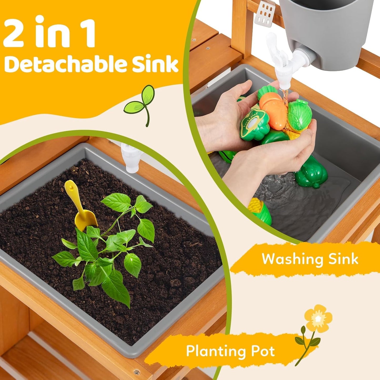 OLAKIDS Mud Kitchen for Kids Outdoor, Wooden Toddler Play Kitchen with Sink Faucet 12 Pots Chalkboard Stoves Storage Shelves, Children Potting Bench Table Pretend Toy Playset for Backyard Garden