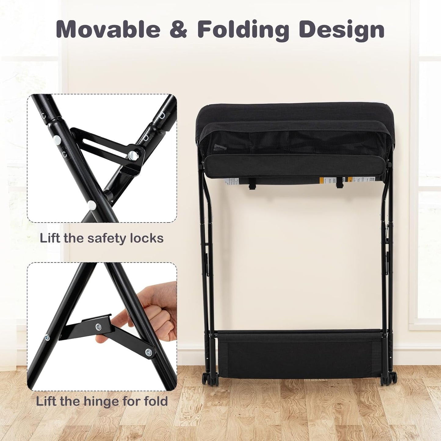INFANS Baby Changing Table with Wheels, Portable Folding Diaper Station Nursery Organizer with Storage Basket, Hanging Rack, Adjustable Height, Safety Belt for Newborn Infant