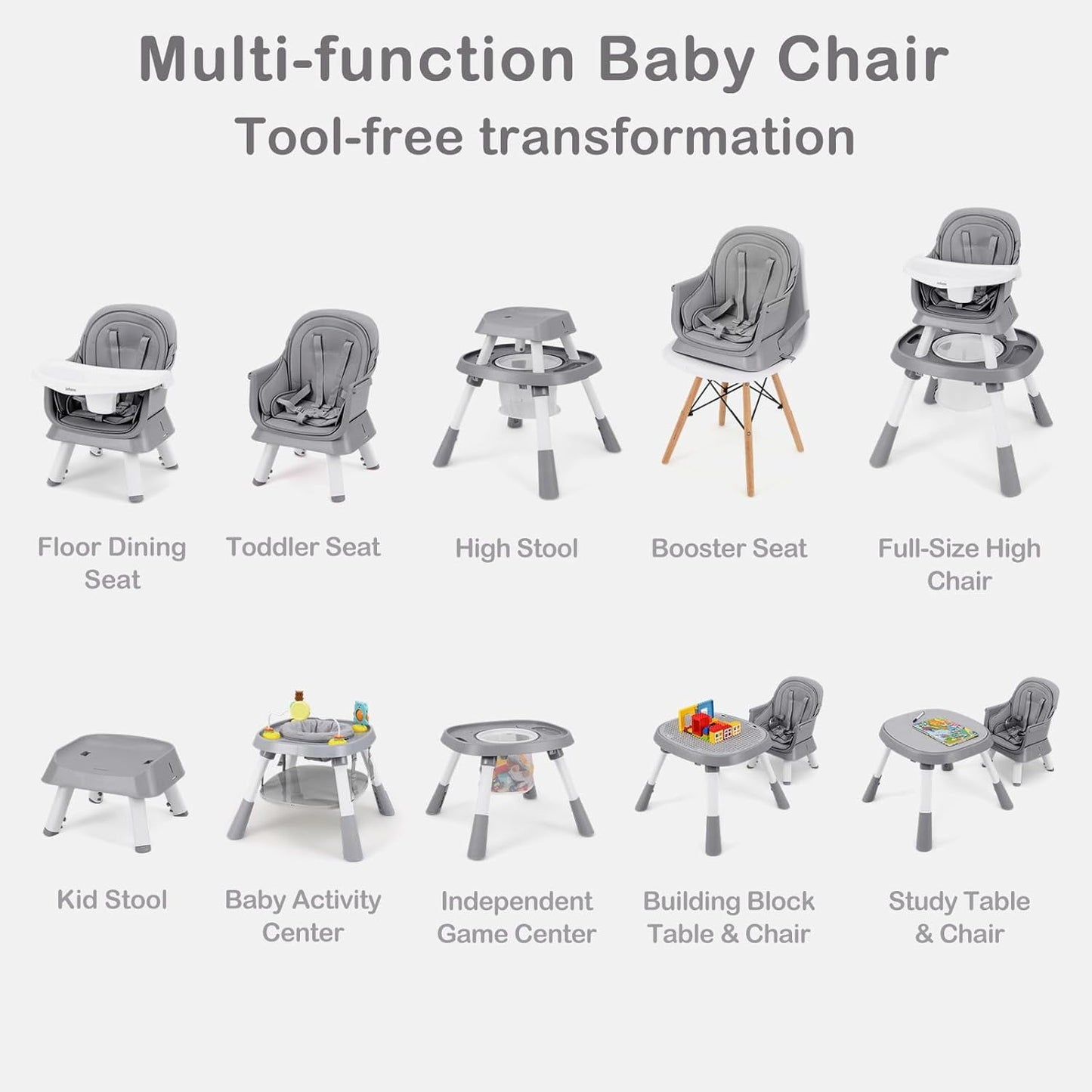 INFANS 9 in 1 High Chair, Convertible Baby Highchair for Babies and Toddlers, Table and Chair Set Building Block Infant Dining Booster Seat, Kids Stool with Activity Children Play Kitchen
