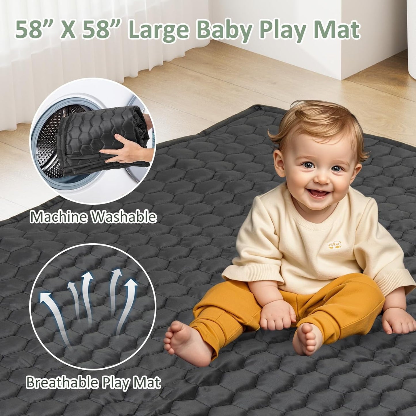 OLAKIDS Foldable Baby Playpen with Mat, 59” x 59” Large Baby Play Yard for Infant with 50 Ocean Balls, 4 Handlers, Carry Bag, Indoor Outdoor Fence Toddler Activity Center