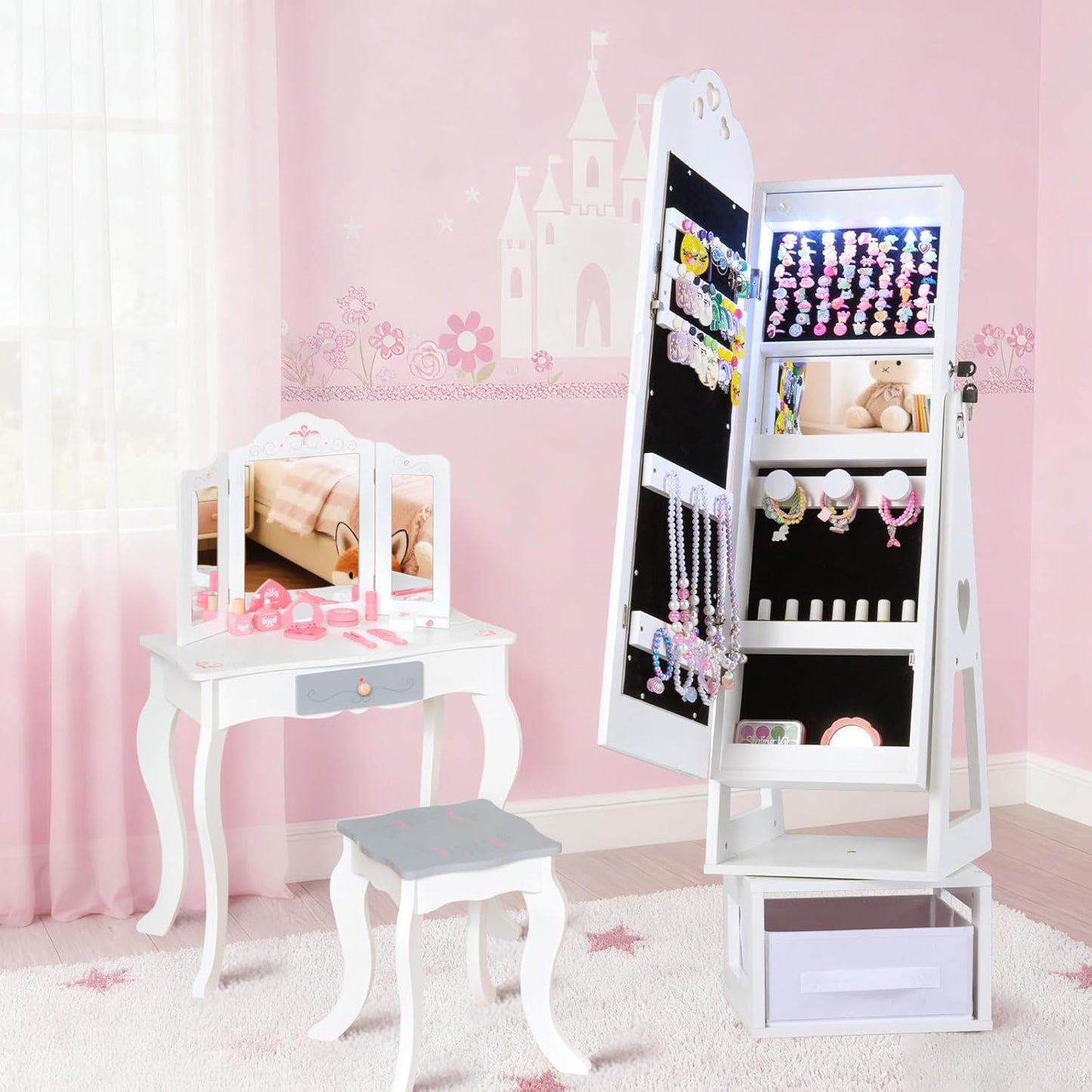OLAKIDS Kids Jewelry Armoire Cabinet, 360° Swivel Lockable Standing Makeup Organizer with Interior Lights, Rotatable Full-Length LED Vanity Mirror with Foldable Fabric Drawer for Girls