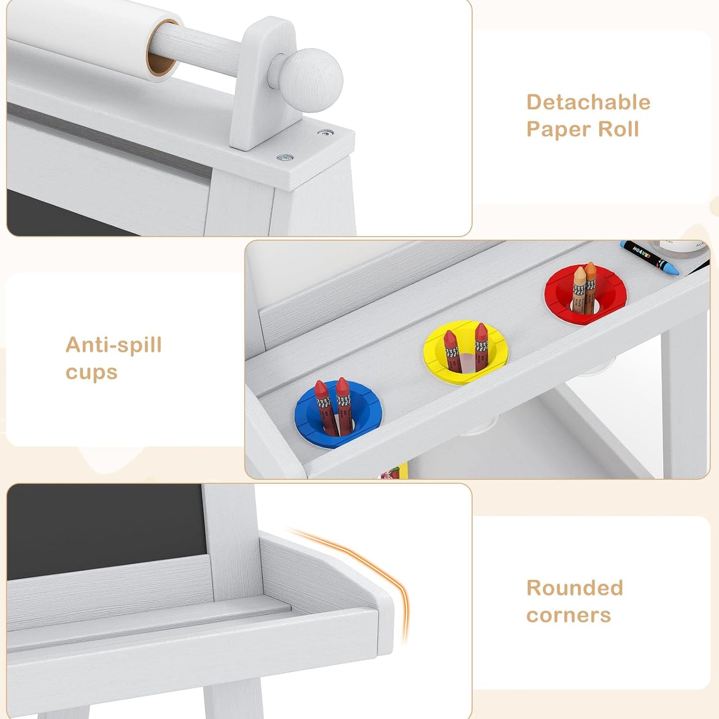 OLAKIDS Easel for Kids, 3 in 1 Adjustable Painting Art Board, Foldable Double-Sided Wooden Drawing Chalkboard Magnetic Whiteboard with Paper Roll, Storage Rack, Cups for Boy Girls