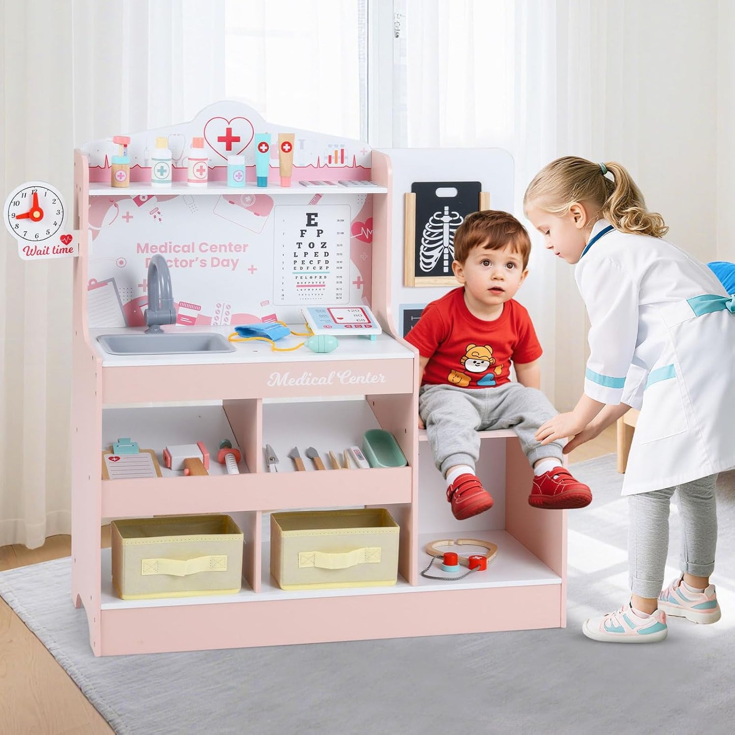 OLAKIDS Kids Doctor Playset, Wooden Pretend Medical Station Activity Center Toy Set with 26 Interactive Veterinarian Accessories, Nurse Uniform X-Ray Film Stethoscope ECG Monitor for Toddler
