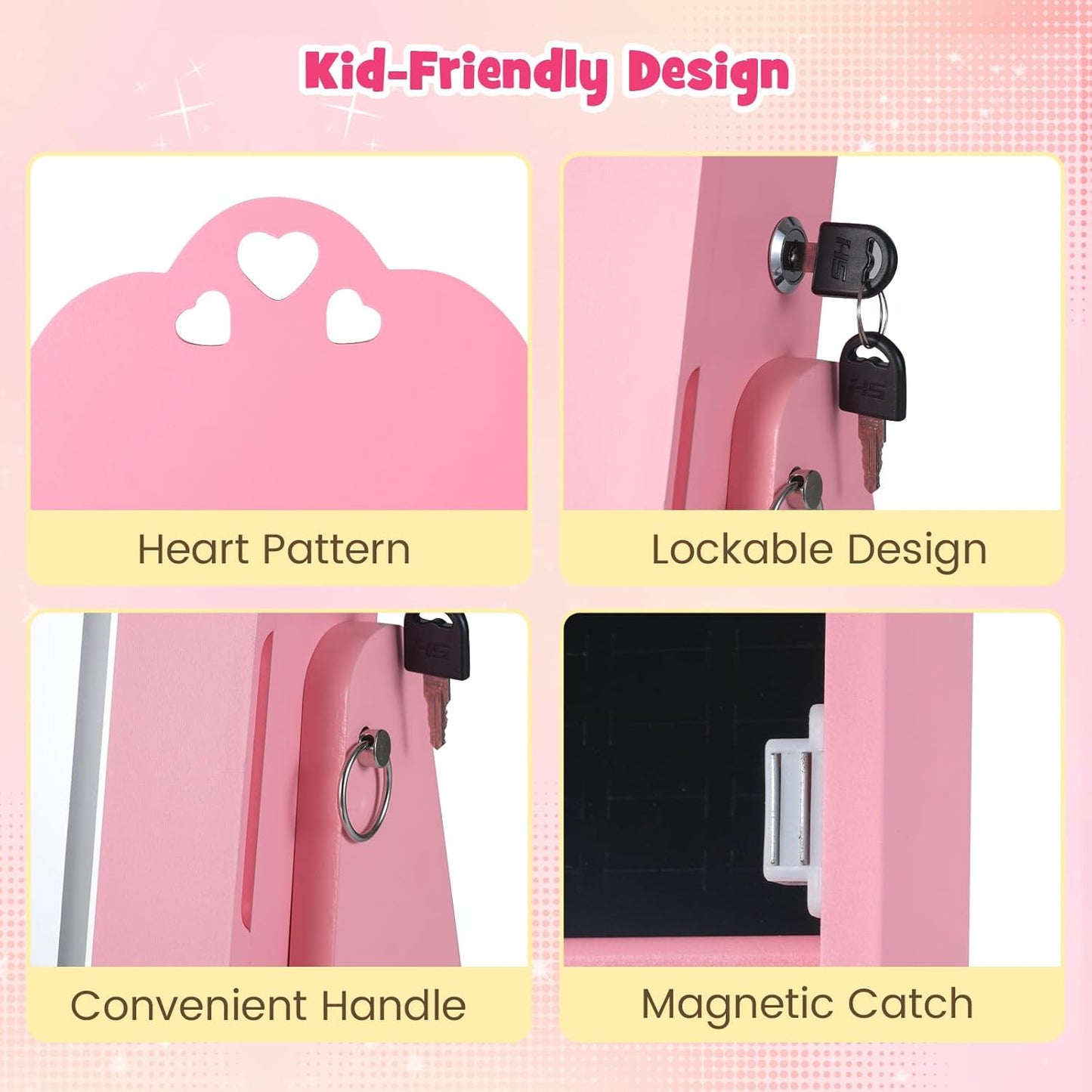 OLAKIDS Kids Jewelry Armoire Cabinet, 360° Swivel Lockable Standing Makeup Organizer with Interior Lights, Rotatable Full-Length LED Vanity Mirror with Foldable Fabric Drawer for Girls