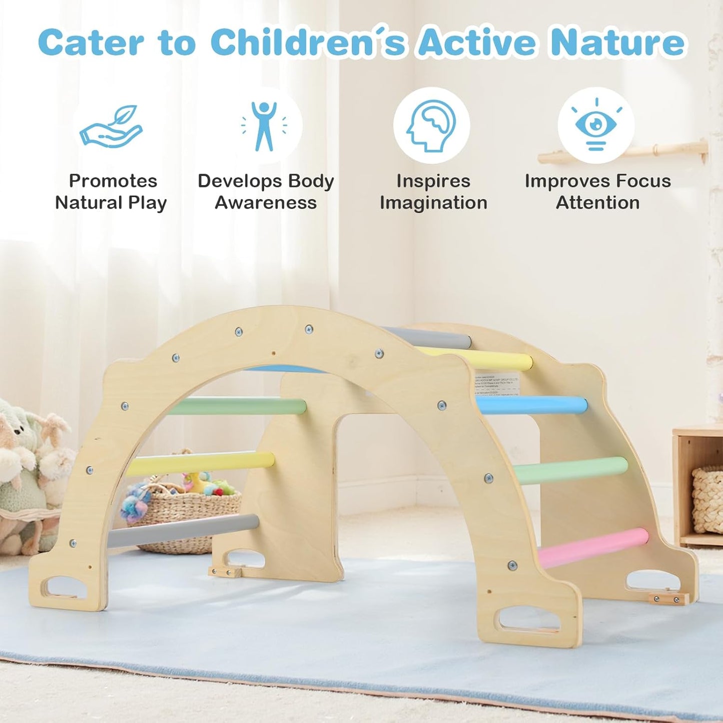 OLAKIDS Climbing Arch for Toddlers, 5 in 1 Wooden Indoor Kids Climber Rocker Montessori Sensory Table with Foldable Storage Bin, Baby Pikler Toy Set Gym Learning Crawling Gift for Children
