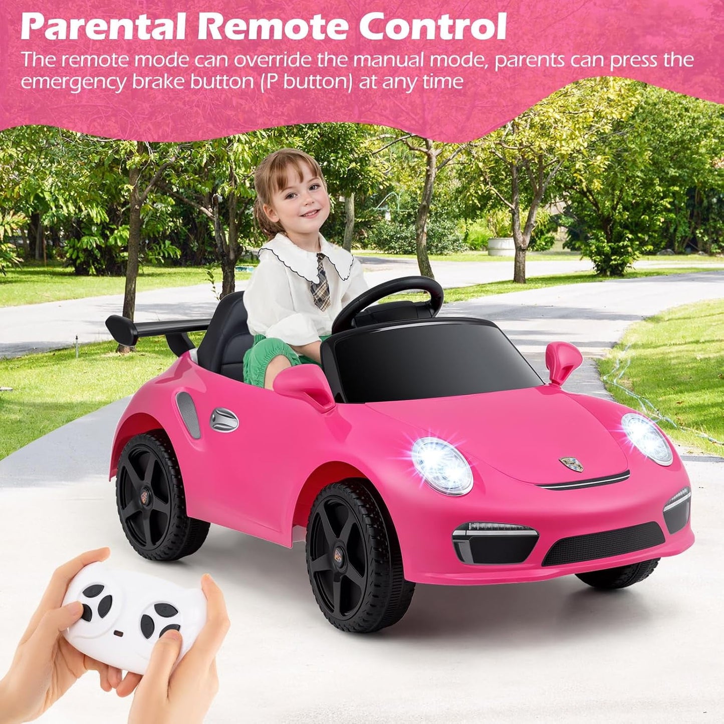 Licensed Porsche 12V Pink Ride on Car by OLAKIDS, Electric Vehicle Battery Powered with Remote Control, Headlight, Bluetooth, Power Display, 4 Wheeler Toys for Kids Girls Boys