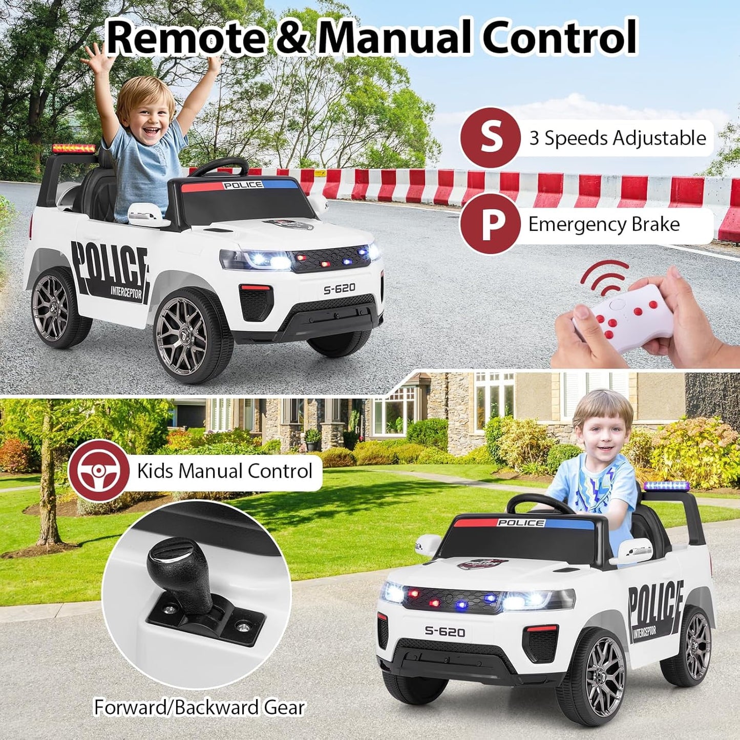 OLAKIDS Ride on Police Car, 12V Kids Battery Powered Electric Vehicle with Siren, Flashing Lights, Bluetooth, Music, MP3, USB, Power Display, Spring Suspension, Aged 3-8 Years