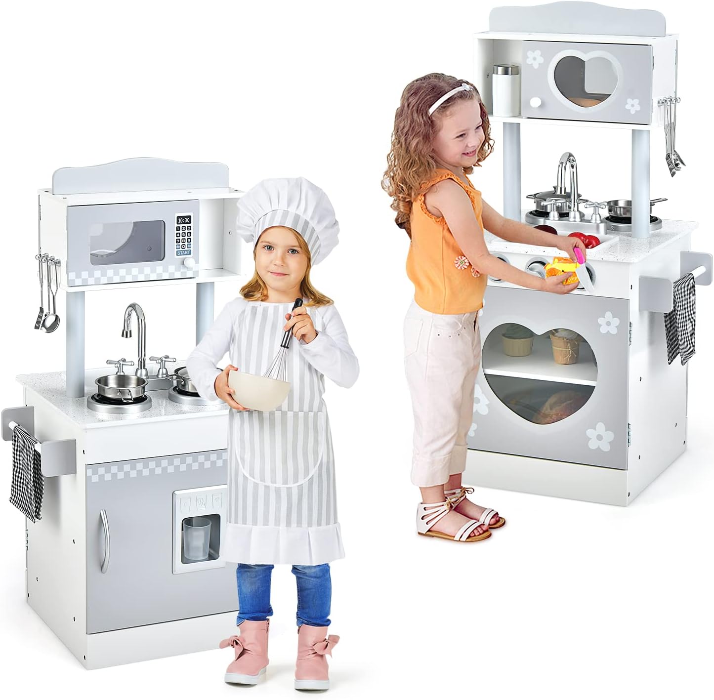 INFANS 2 in 1 Kids Play Kitchen and Restaurant, Double Sided Toddler Wooden Pretend Cooking Set with Stove Sink Microwave Storage Cabinet, Simulation Kitchen Toy Set for Boys Girls (Classic)
