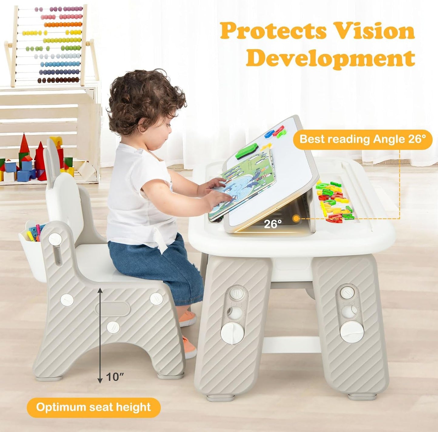 OLAKIDS Kids Table and Chair Set, Activity Table with Magnetic Drawing Board Adjustable Height, Toddler Plastic Furniture Table