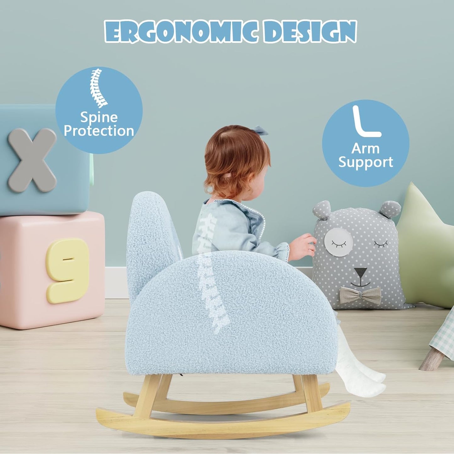 OLAKIDS Kids Sofa, Toddler Rocking Chair with Solid Wooden Frame, Anti-Tipping Design, Plush Fabric, Children Armchair