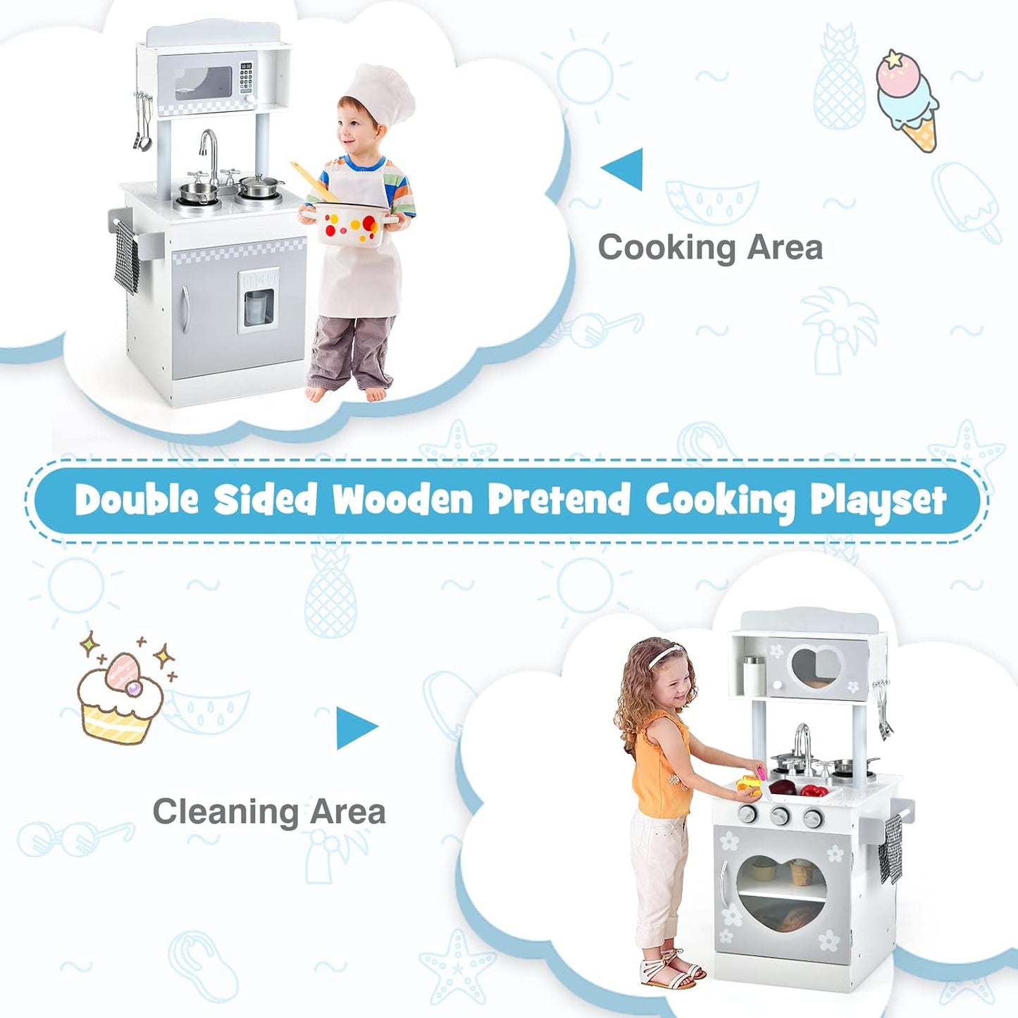 INFANS 2 in 1 Kids Play Kitchen and Restaurant, Double Sided Toddler Wooden Pretend Cooking Set with Stove Sink Microwave Storage Cabinet, Simulation Kitchen Toy Set for Boys Girls (Classic)