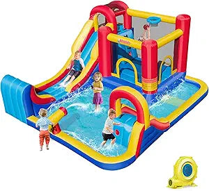 OLAKIDS Inflatable Water Slide, 8 in 1 Bounce House Water Park with 2 Slides Splash Pools, Climbing Wall, Water Gun, Basketball Rim, Outdoor Inflatable Obstacle Course for Kids（without air blower