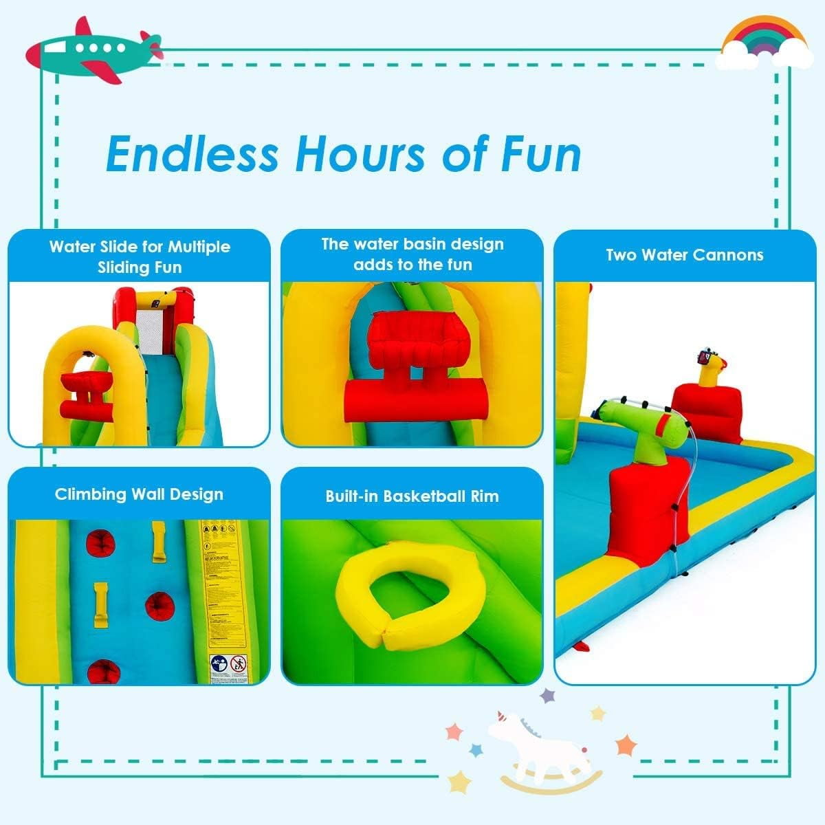 OLAKIDS Inflatable Water Slide, 7 in 1 Bounce House with 2 Slides, Climbing Wall, Splash Pool, Basketball Rim, 2 Water Guns, Outdoor Water Park with Carrying Bag, Hose