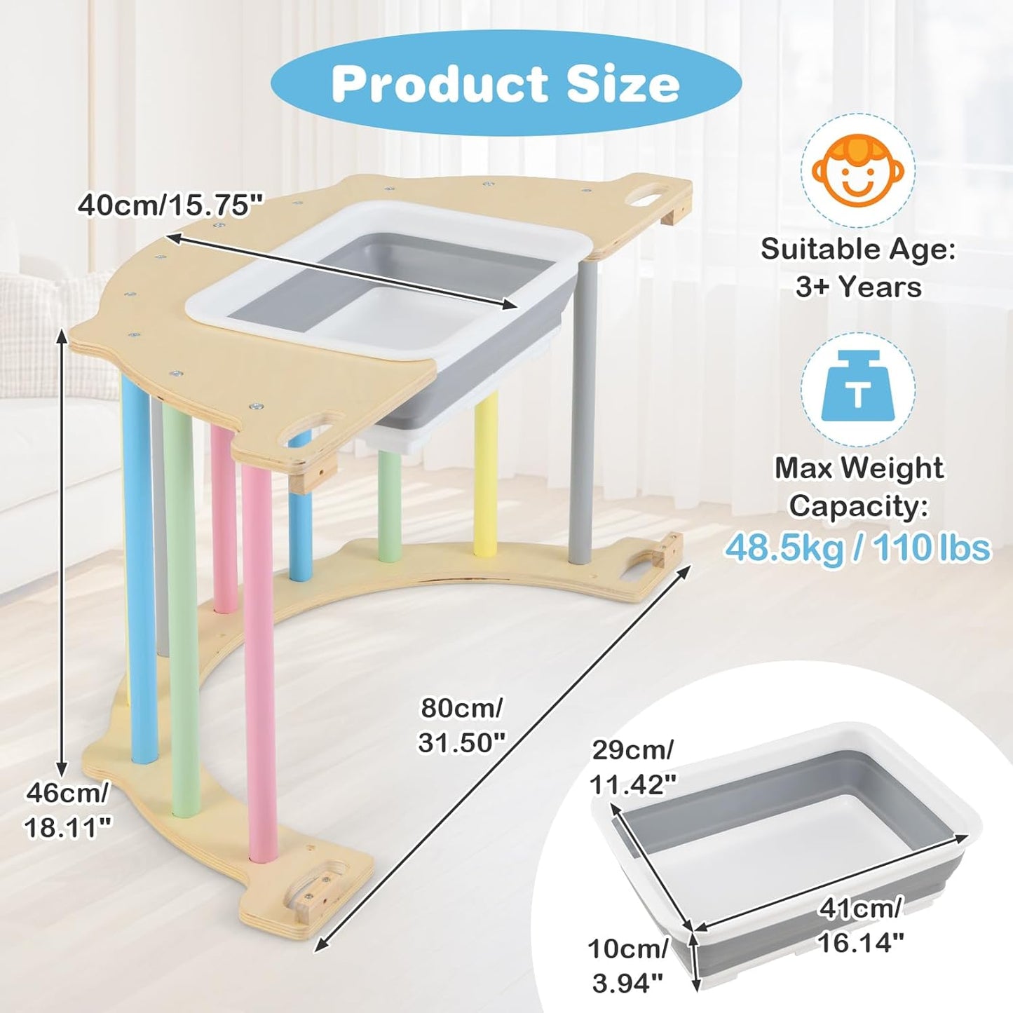 OLAKIDS Climbing Arch for Toddlers, 5 in 1 Wooden Indoor Kids Climber Rocker Montessori Sensory Table with Foldable Storage Bin, Baby Pikler Toy Set Gym Learning Crawling Gift for Children