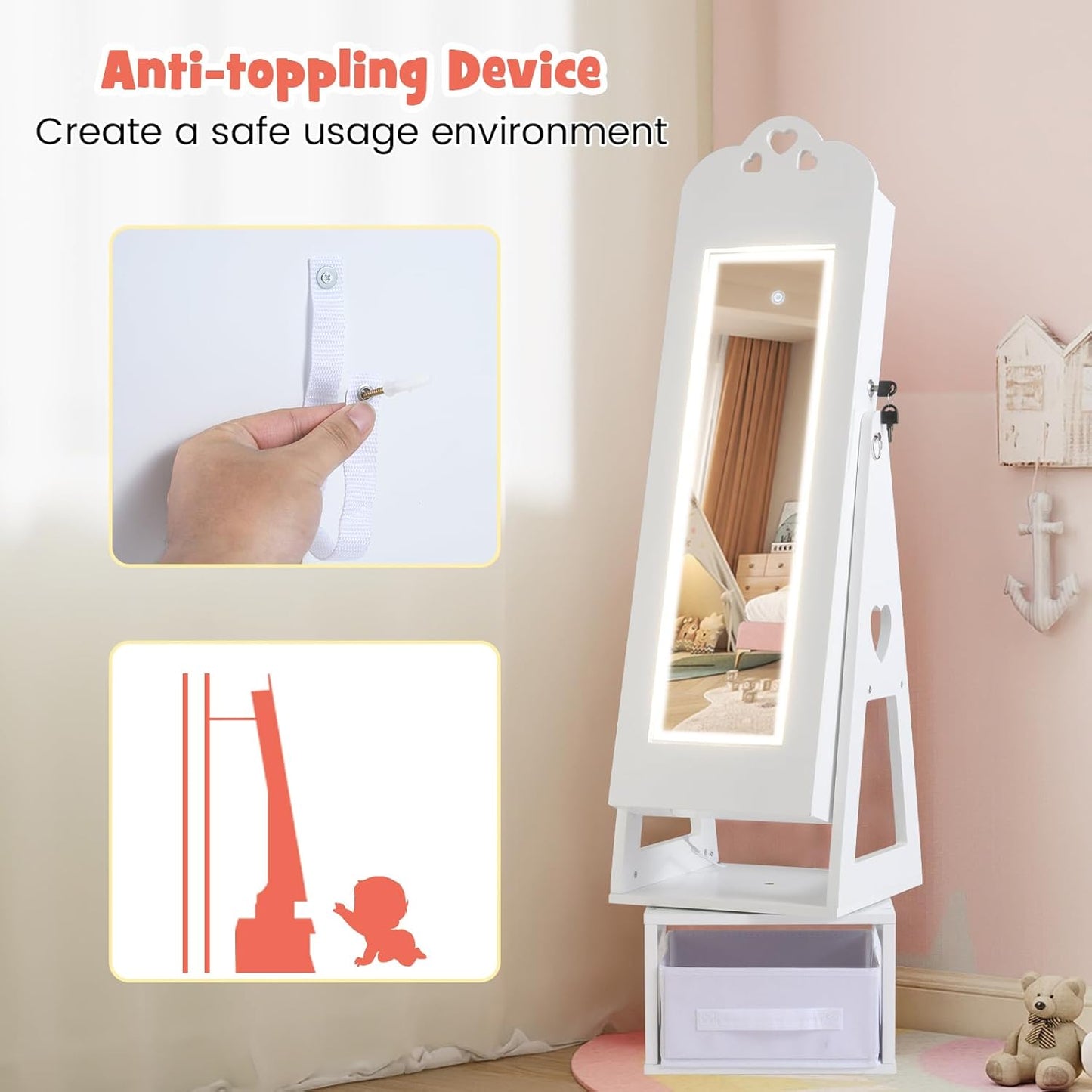 OLAKIDS Kids Jewelry Armoire Cabinet, 360° Swivel Lockable Standing Makeup Organizer with Interior Lights, Rotatable Full-Length LED Vanity Mirror with Foldable Fabric Drawer for Girls