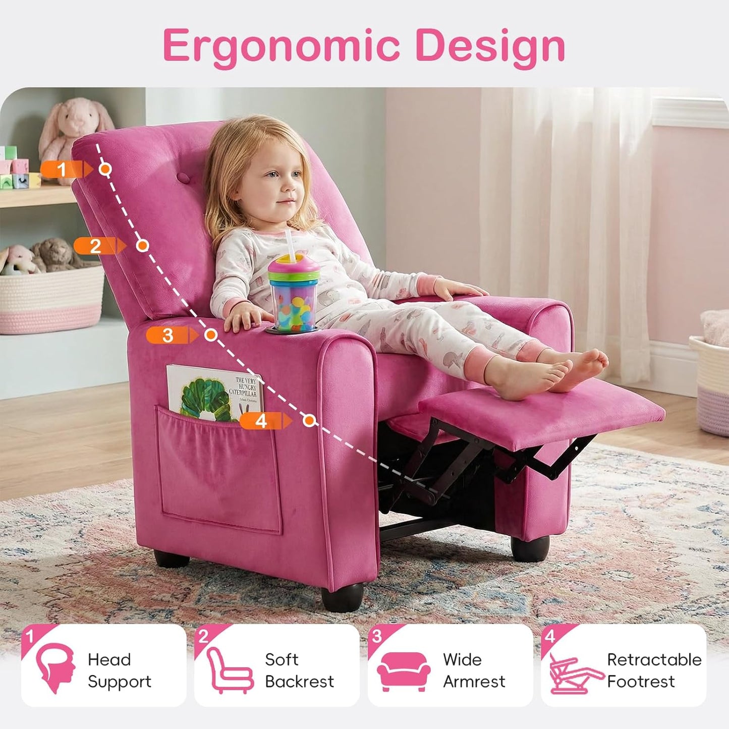 OLAKIDS Kids Recliner, Toddler Lounge Chair with Adjustable Backrest Footrest Cup Holder Side Pockets