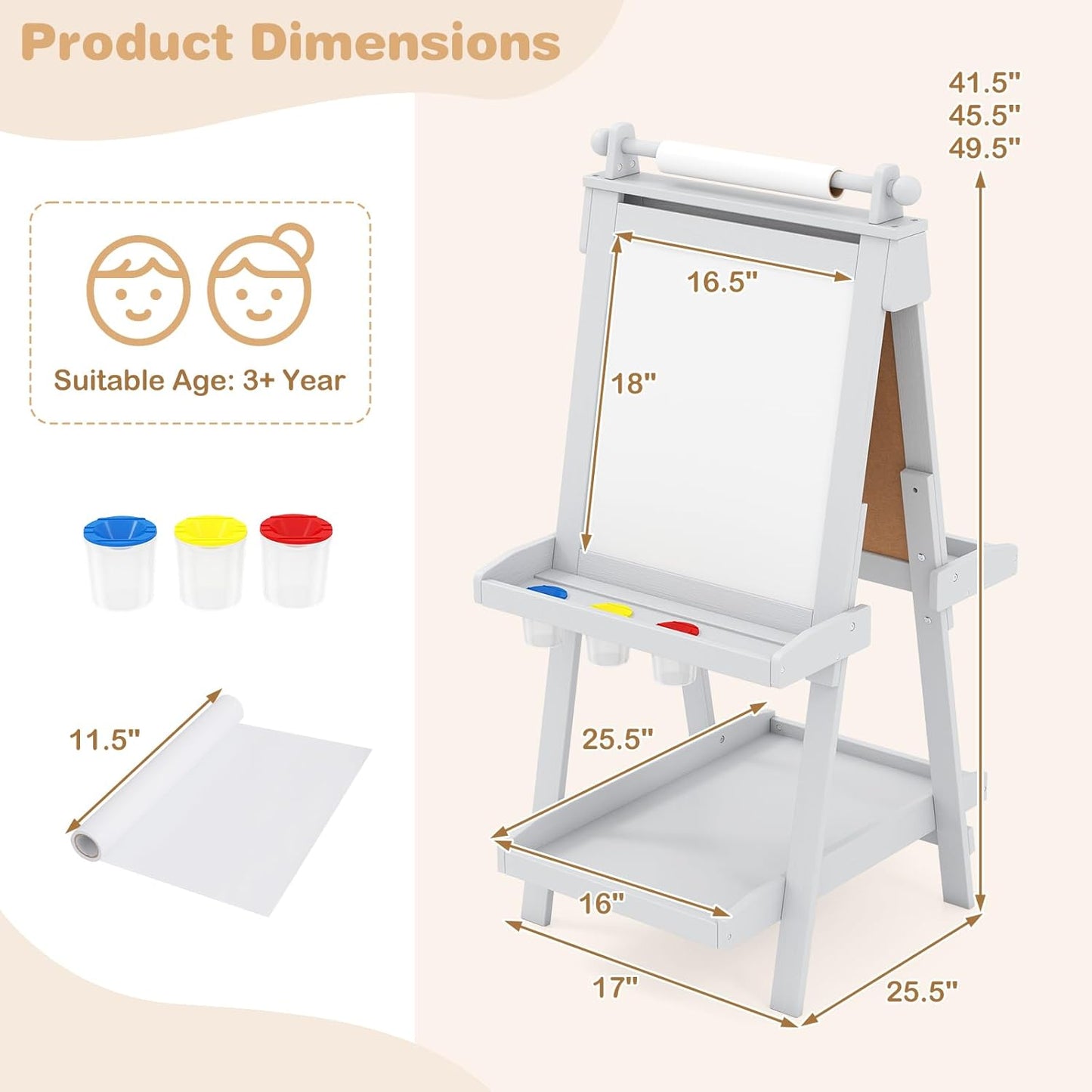 OLAKIDS Easel for Kids, 3 in 1 Adjustable Painting Art Board, Foldable Double-Sided Wooden Drawing Chalkboard Magnetic Whiteboard with Paper Roll, Storage Rack, Cups for Boy Girls