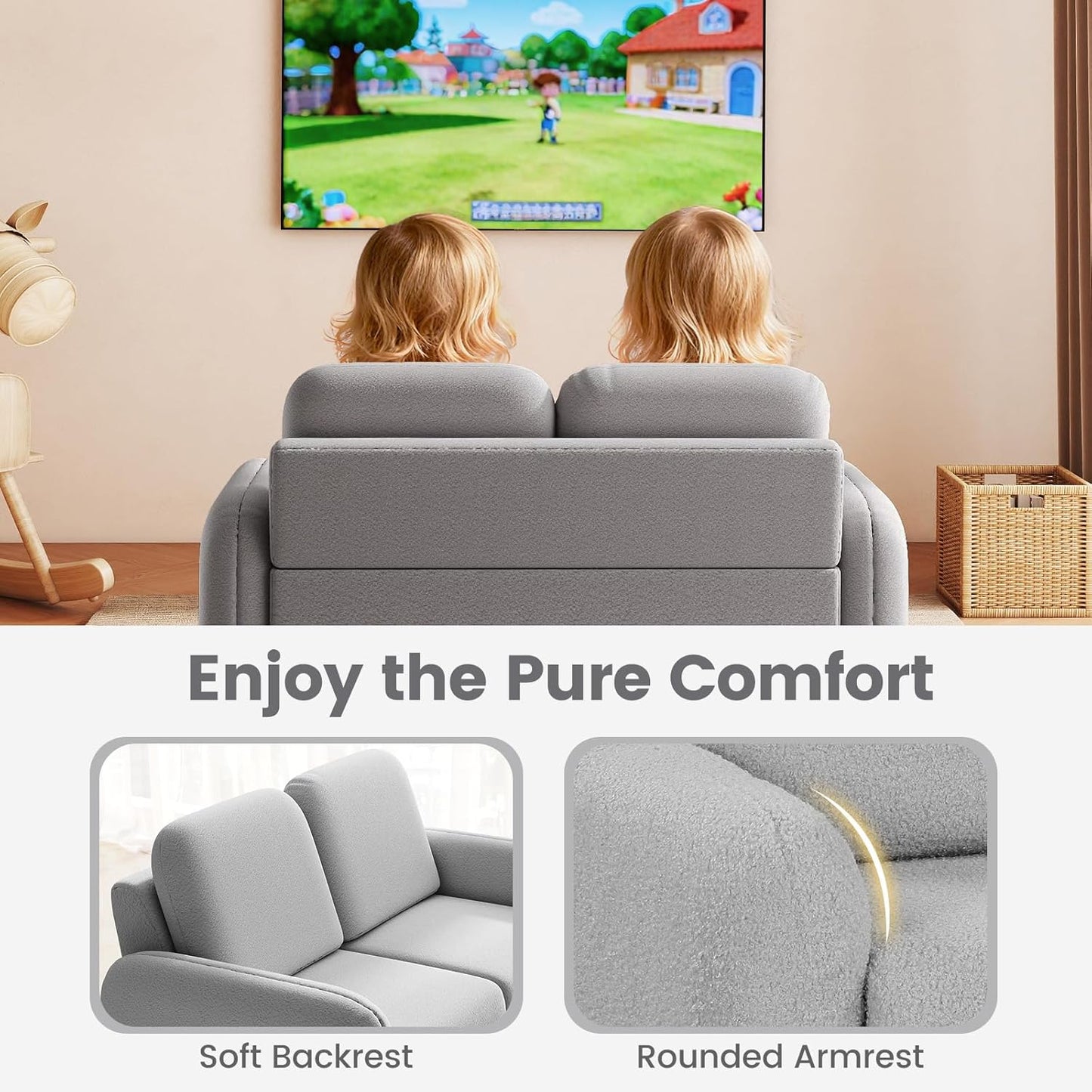 OLAKIDS Kids Sofa, 2 Seat Soft Thick Upholstered Couch with Plush Fabric Solid Wooden Frame, Armrest Chair Lounge for Playroom Kids Boys Girls