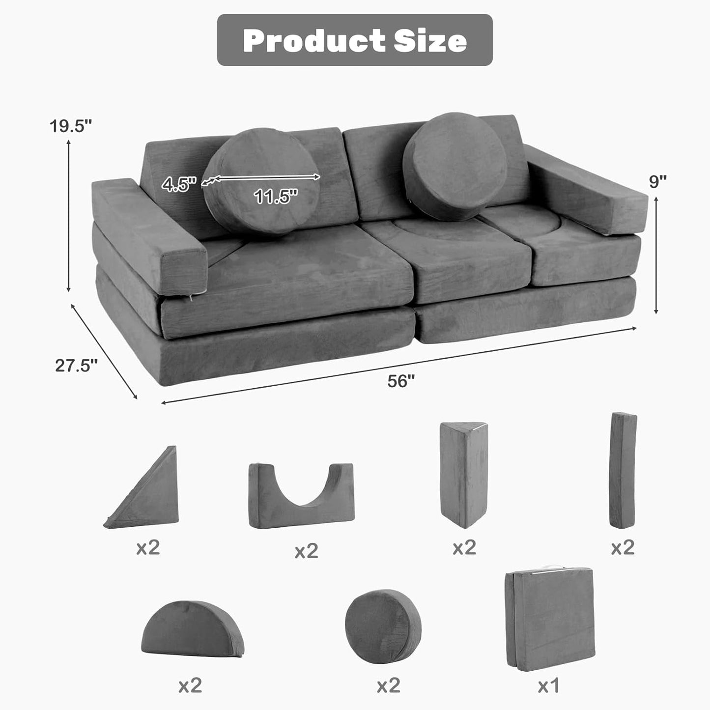 OLAKIDS Modular Kids Play Couch, 13 PCS Toddler Creative Sectional Fort Building Sofa, Convertible Soft Foam Furniture Set