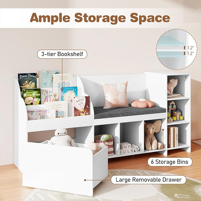 OLAKIDS Kids Bookshelf Toy Storage Organizer with Reading Nook Seat Cushion