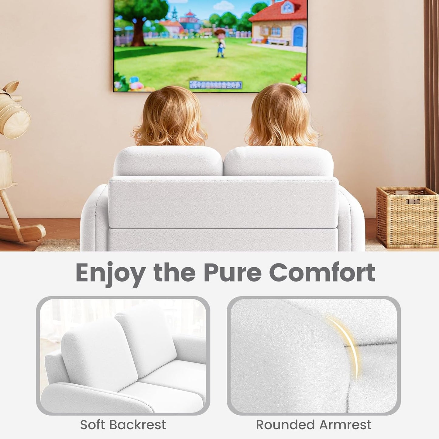 OLAKIDS Kids Sofa, 2 Seat Soft Thick Upholstered Couch with Plush Fabric Solid Wooden Frame, Armrest Chair Lounge for Playroom Kids Boys Girls