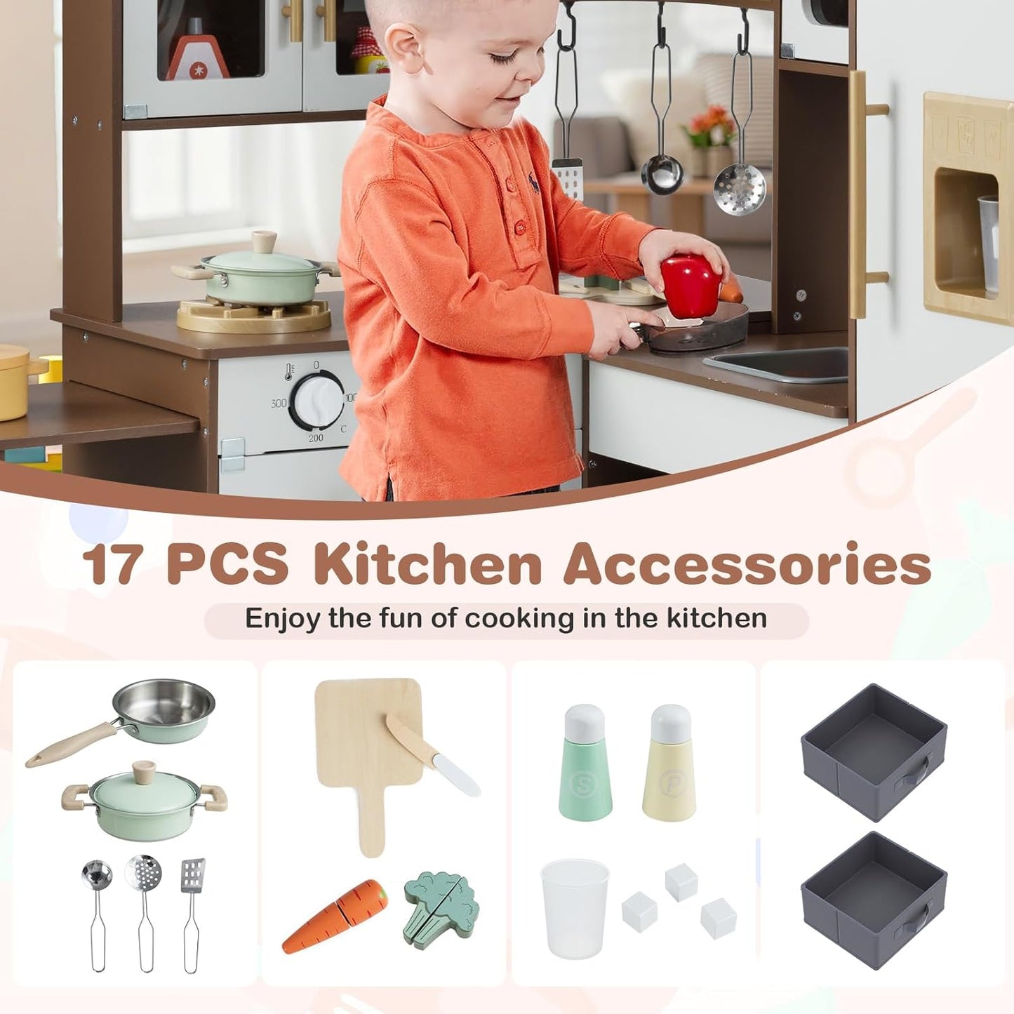 OLAKIDS Corner Kids Kitchen, Wooden Pretend Playset with Telescopic Cart Realistic Lights Sounds Ice Maker Fabric Drawers Microwave Oven, Toddler Cooking Toy Gift for Boys Girls Aged 3+